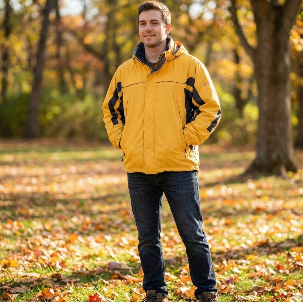 Columbia Interchange Jacket Mens XXL Yellow Rain Shell Hooded Vintage XM7512